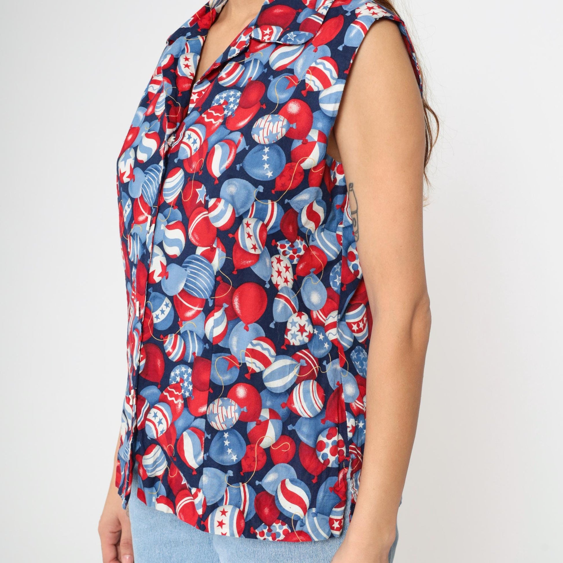 90s Patriotic Balloon Print Sleeveless Button-Up Shirt Red White Blue Large L