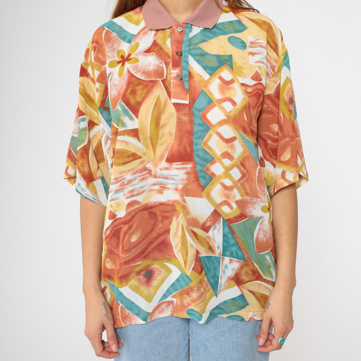 Y2K Tropical Floral Polo Shirt Multicolor Abstract Print Orange Large