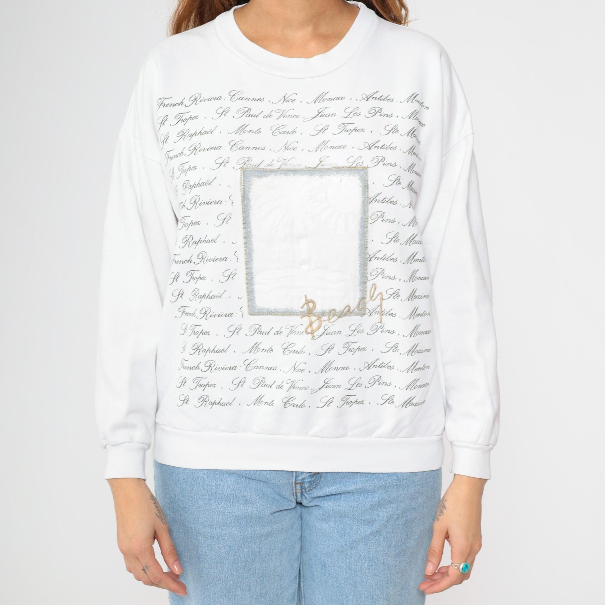 90s French Riviera Sweatshirt White Palm Tree Beach Print Crewneck Large L