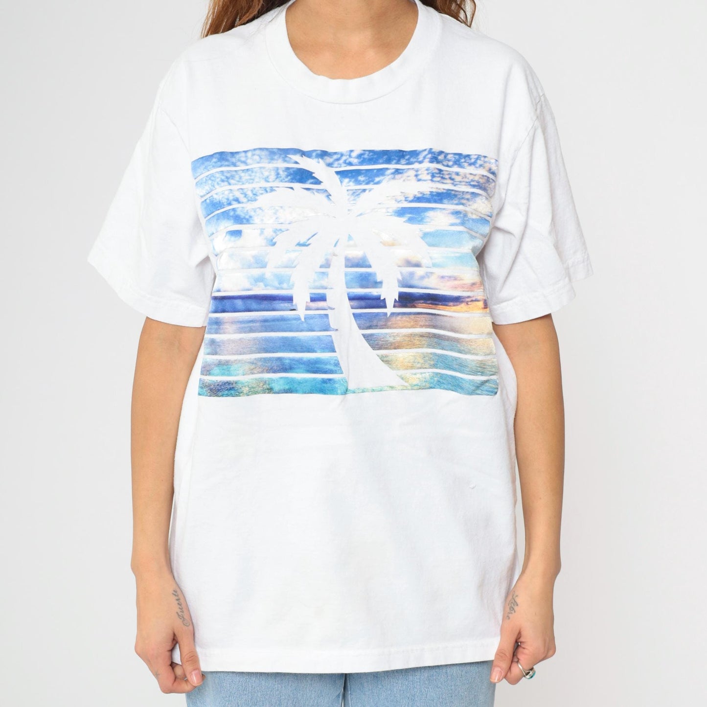 90s Palm Tree Sunset Graphic T-Shirt White Cotton Crew Neck Large L