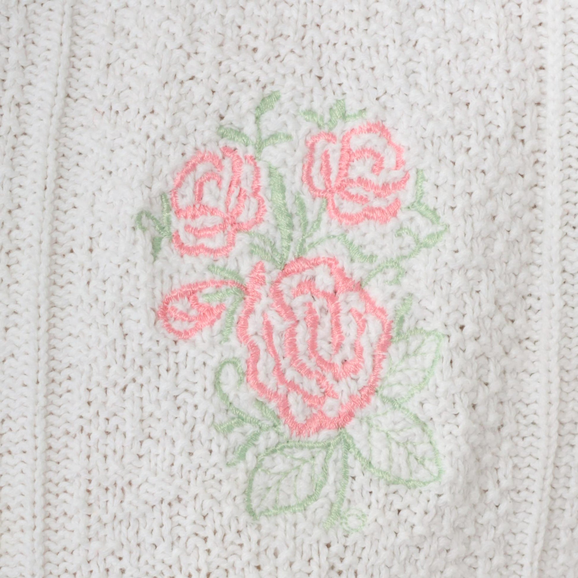 80s Lauren Knitwear Floral Embroidered Cotton Knit Top White Short Sleeve Small