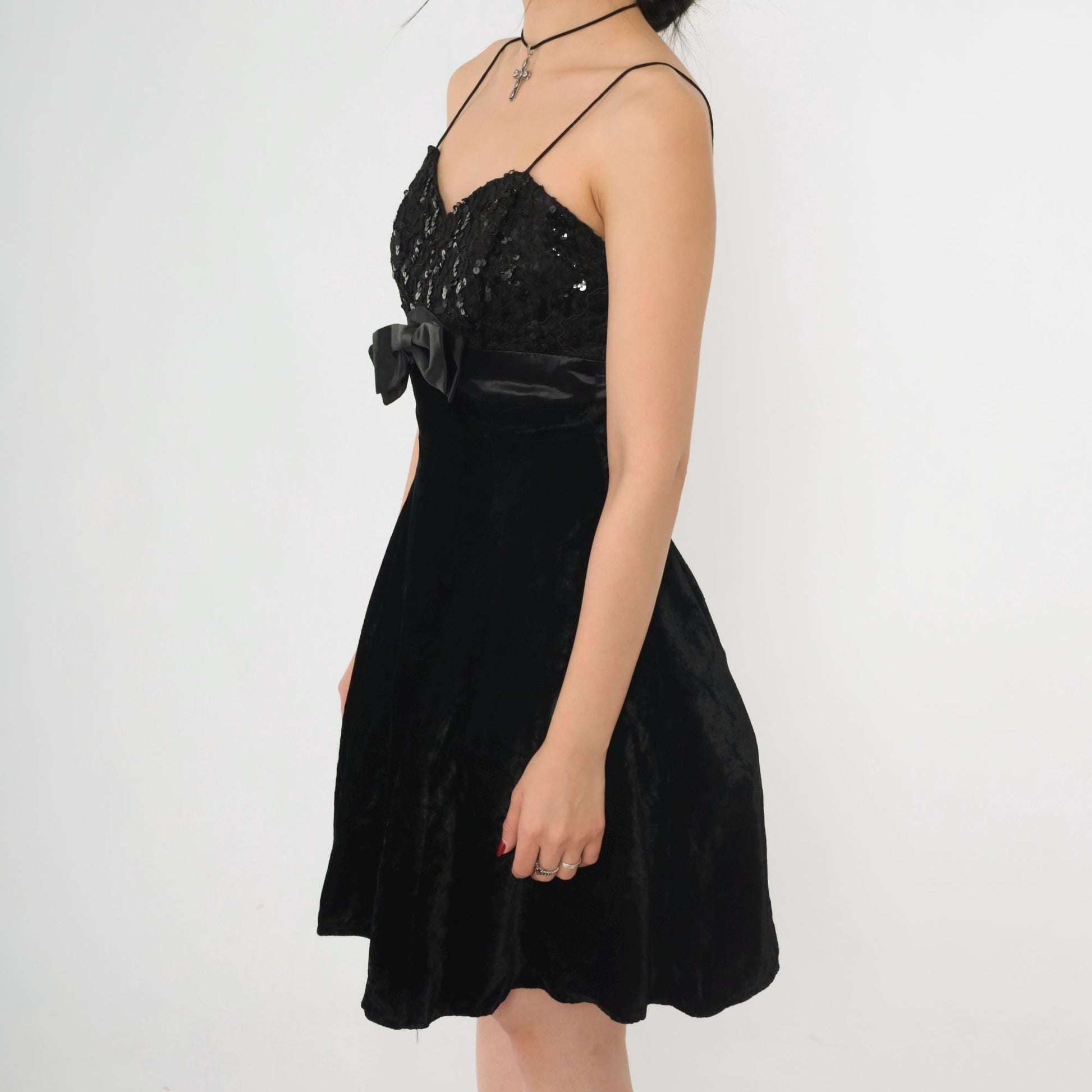 80s Black Velvet Lace Sequin Mini Dress Sweetheart Spaghetti Strap Empire Waist Extra Small