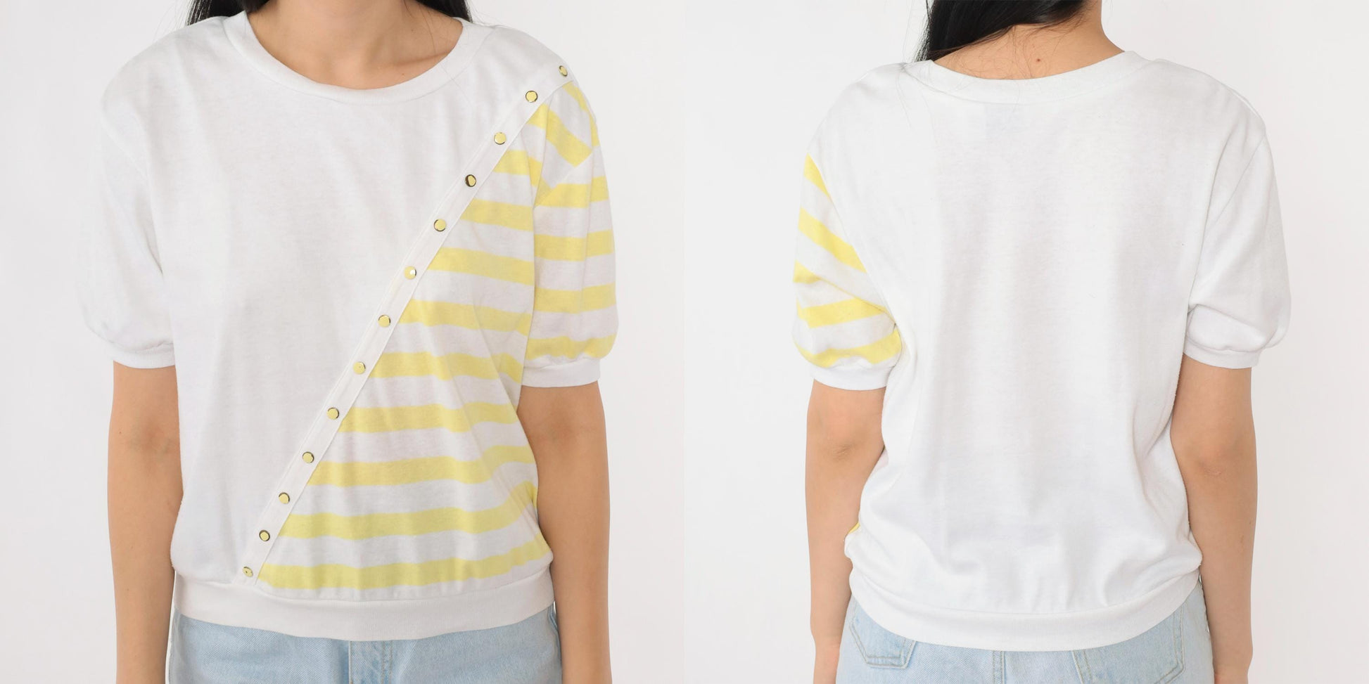 80s White Stag Striped Short Sleeve Shirt Yellow Banded Hem Medium