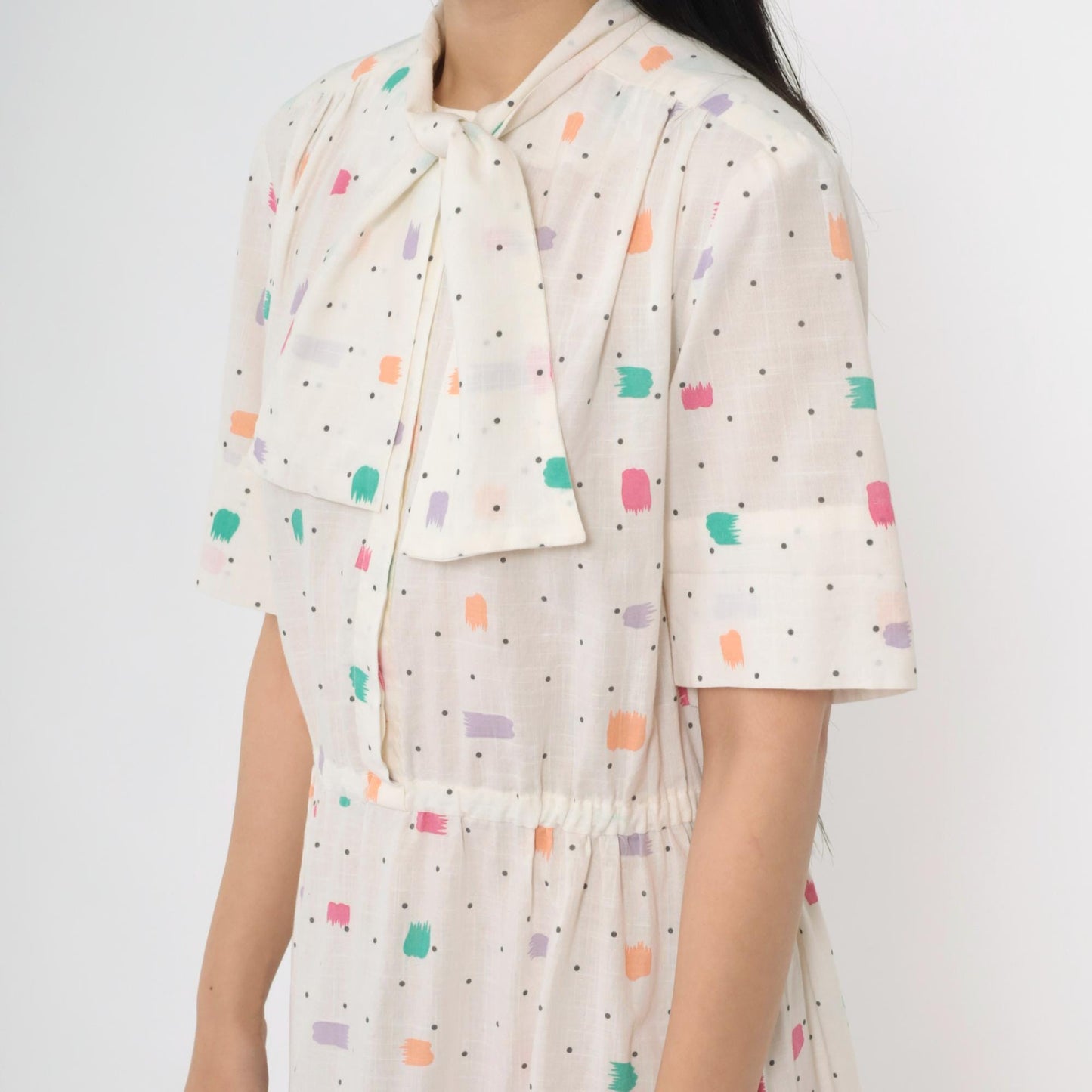 80s White Brushstroke Polka Dot Midi Shirtdress Ascot High Waist Large
