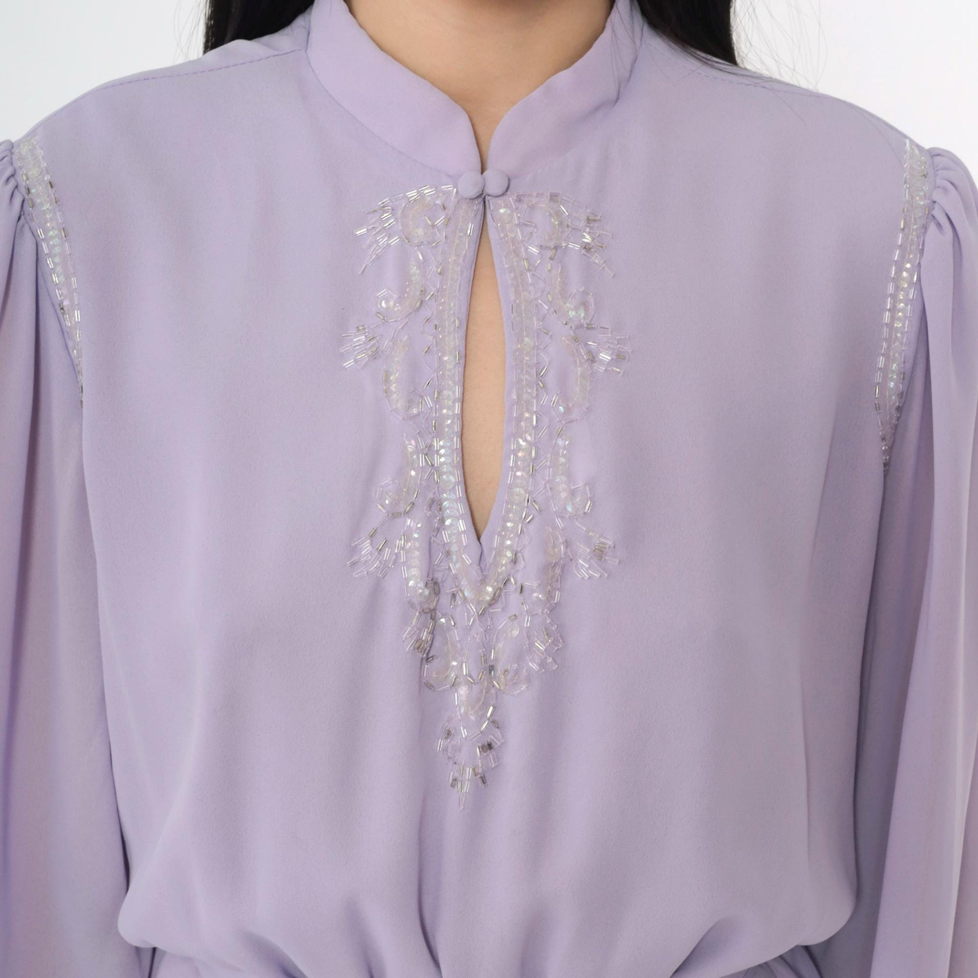 80s Lavender Chiffon Maxi Dress Beaded Sequin Puff Sleeve Mandarin Collar Medium M