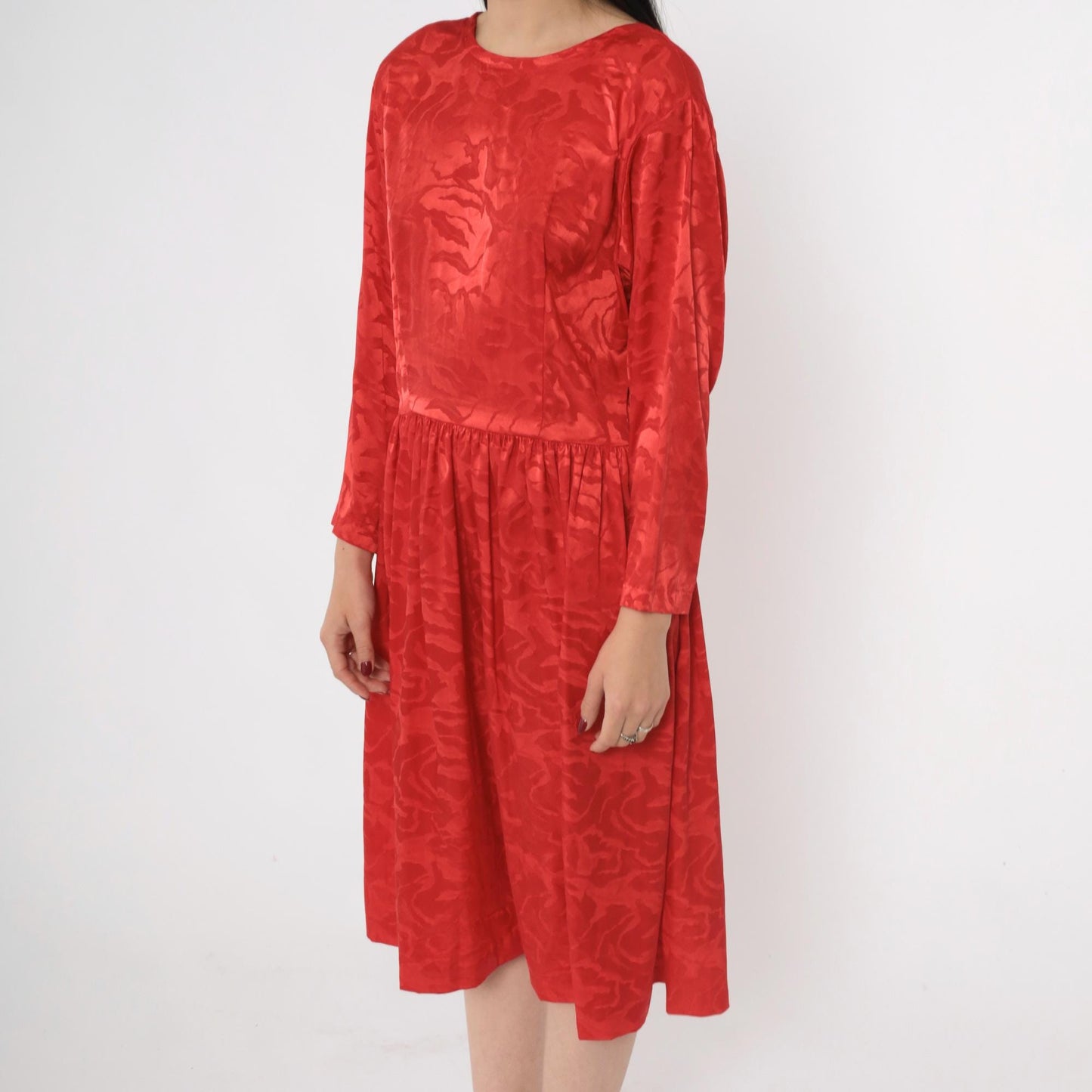 80s Apostrophe Red Jacquard Midi Dress Scoop Back Long Sleeve Medium M