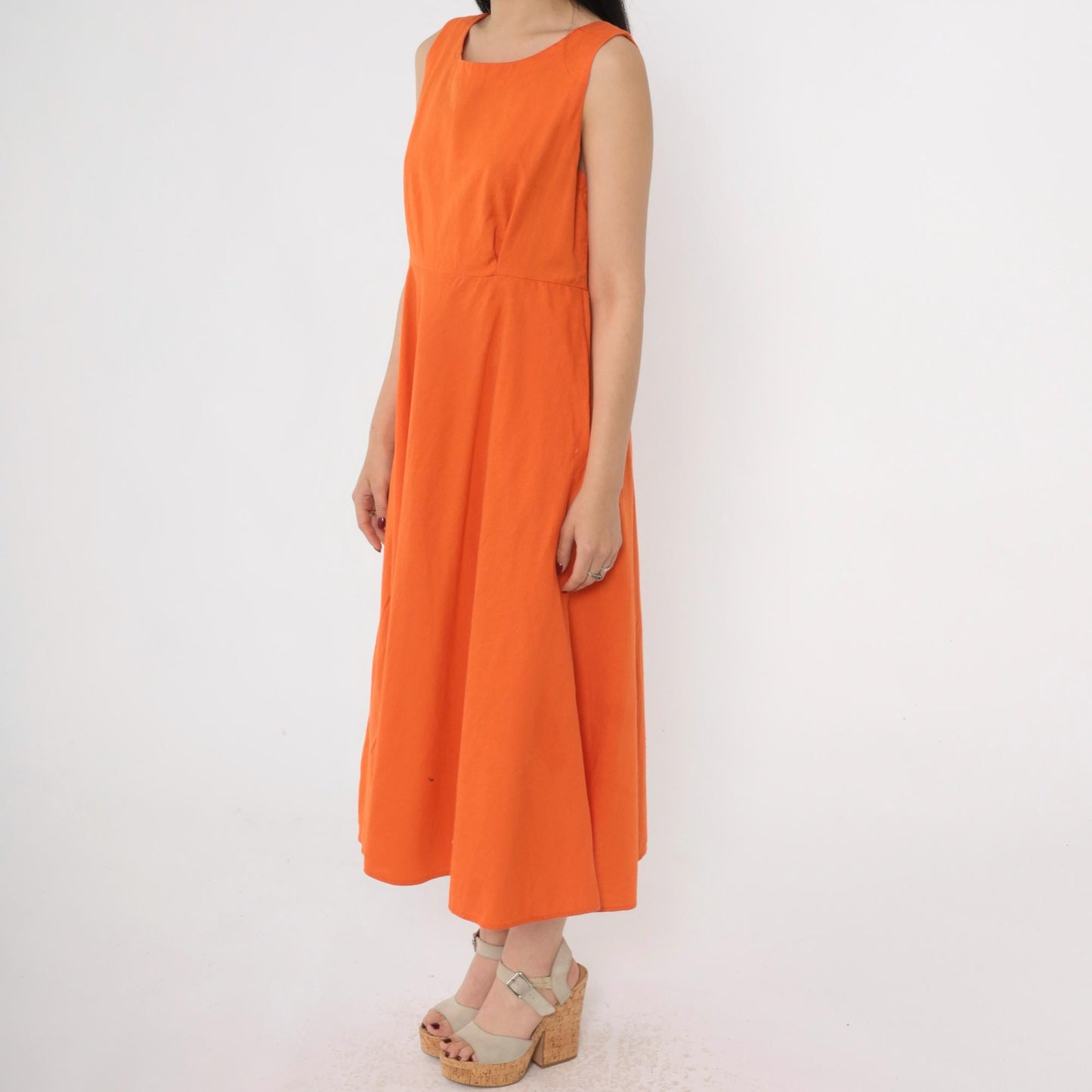 80s Orange Midi Dress Button Back A-Line Sleeveless Medium M