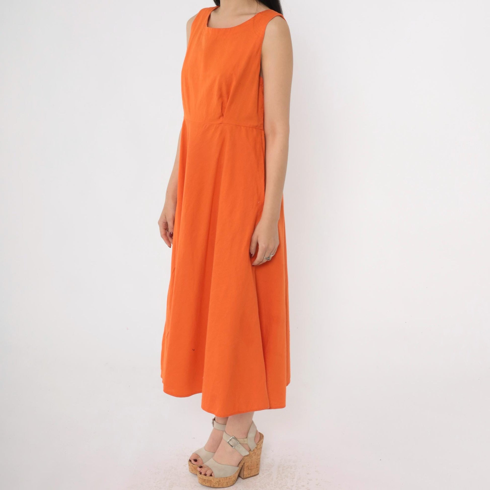 80s Orange Midi Dress Button Back A-Line Sleeveless Medium M