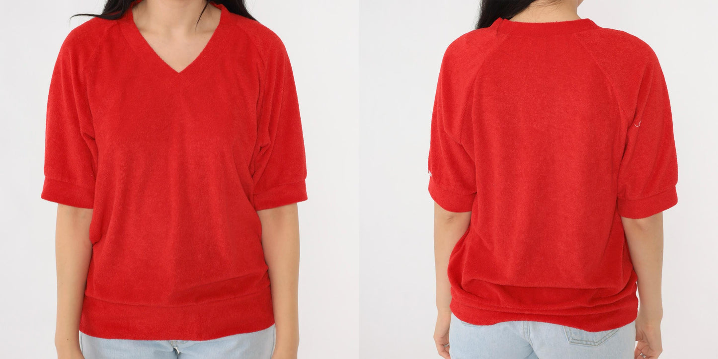 80s Alfie California Terry Cloth V-Neck Top Red Short Sleeve Medium Large