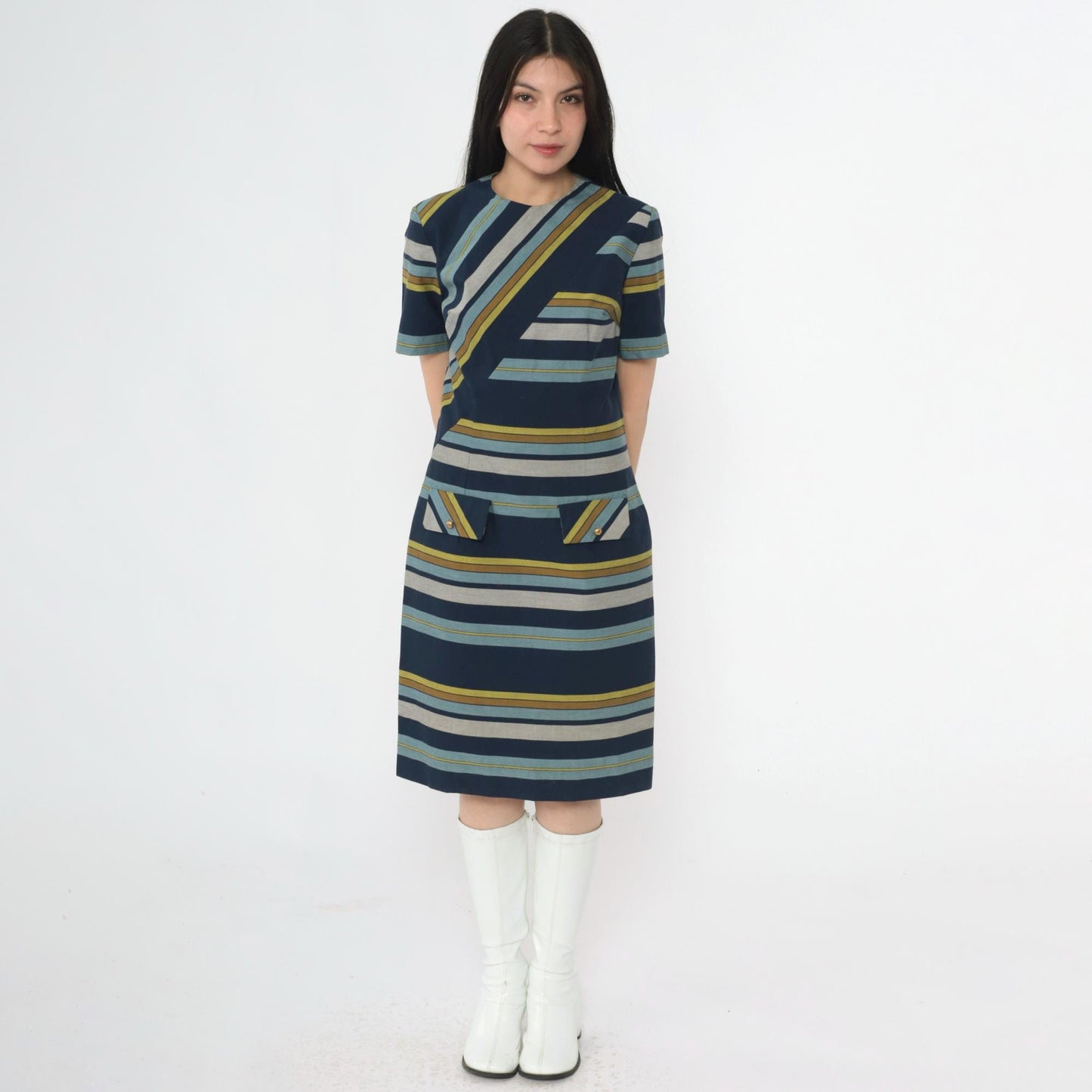 60s Striped Shift Dress Navy Blue Green Grey Mod Crew Neck Small S