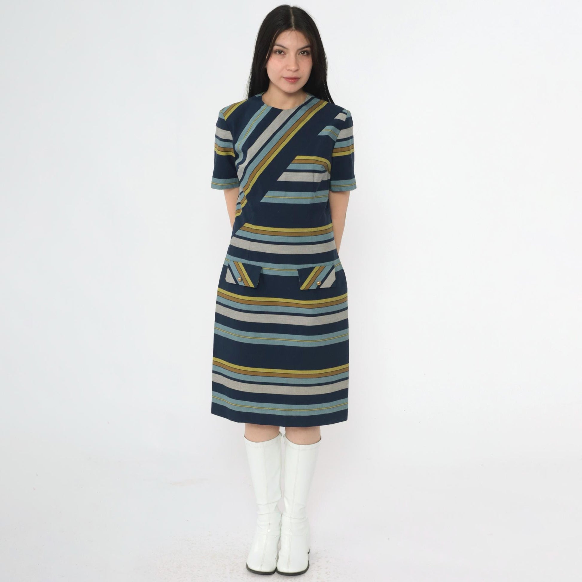 60s Striped Shift Dress Navy Blue Green Grey Mod Crew Neck Small S