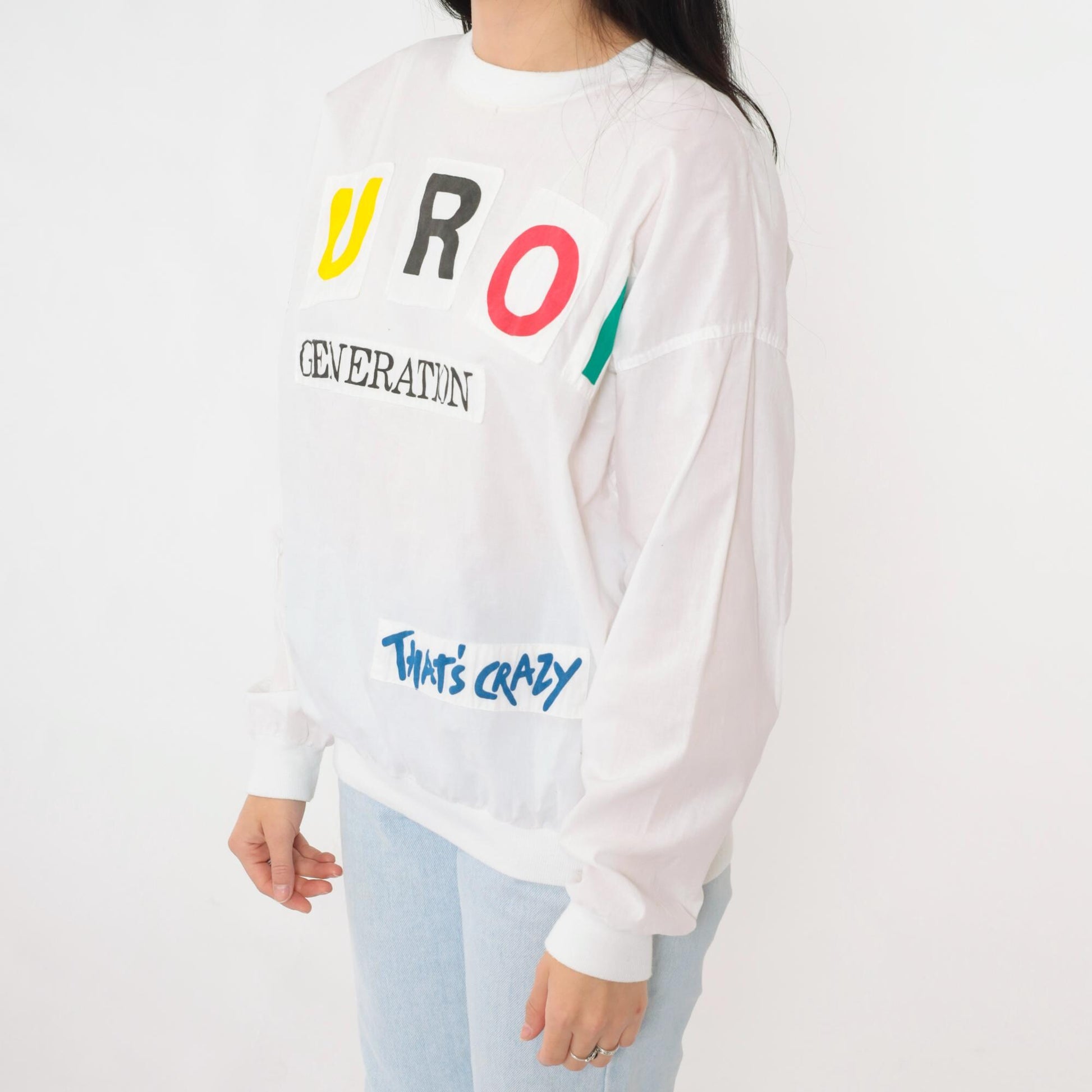 90s Furor Generation Graphic Long Sleeve Shirt White Colorful Appliqué Large L