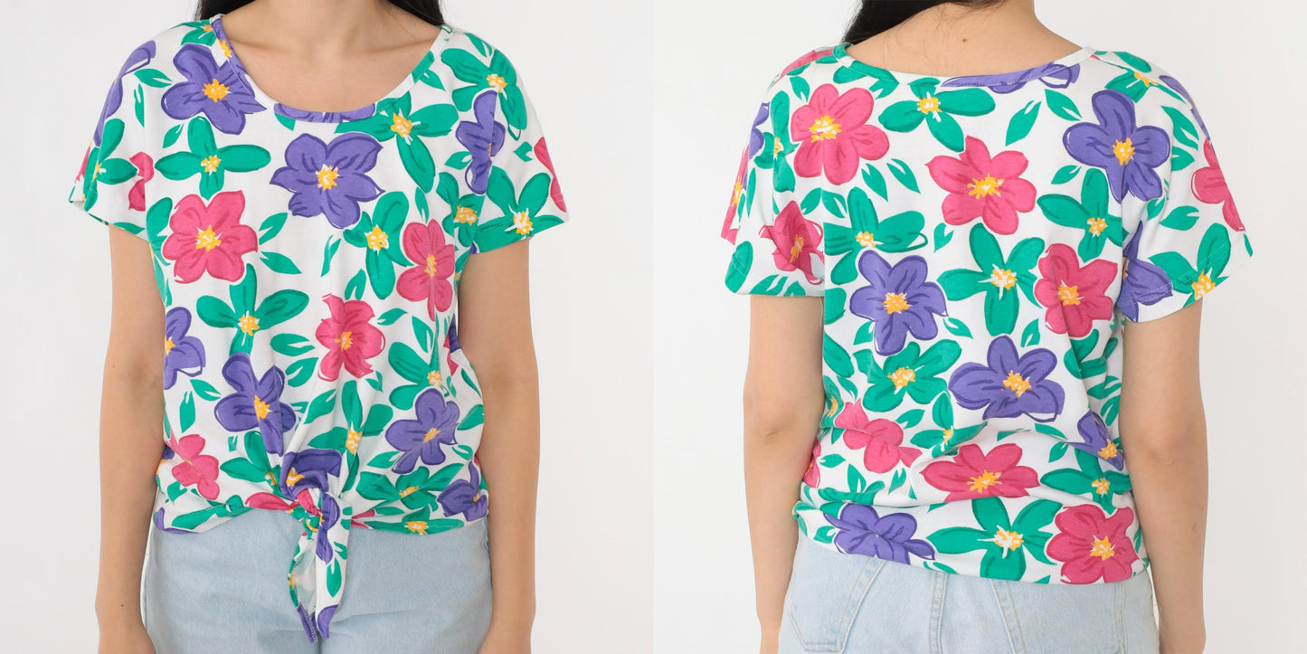 90s Aileen Petites Floral Tie Waist Graphic Tee White Short Sleeve Medium