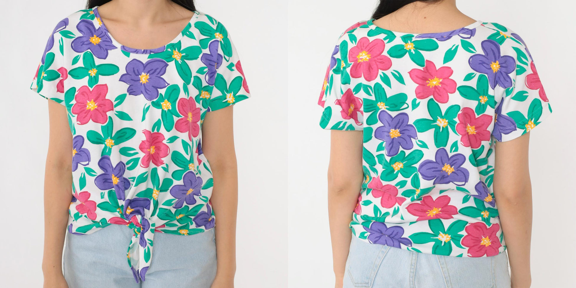 90s Aileen Petites Floral Tie Waist Graphic Tee White Short Sleeve Medium
