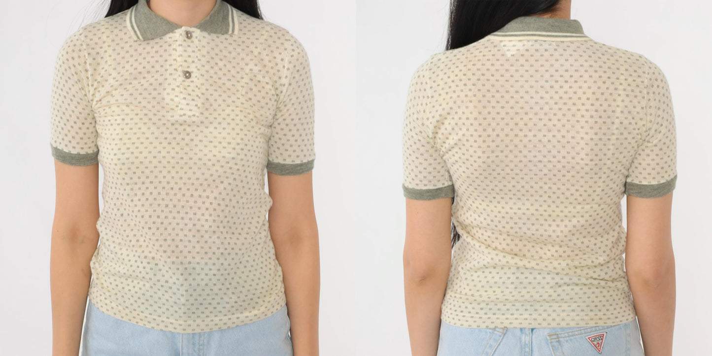80s RoyCo Sportswear Cream Knit Polo Polka Dot Grey Short Sleeve Extra Small
