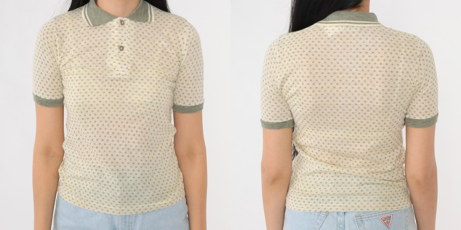 80s RoyCo Sportswear Cream Knit Polo Polka Dot Grey Short Sleeve Extra Small