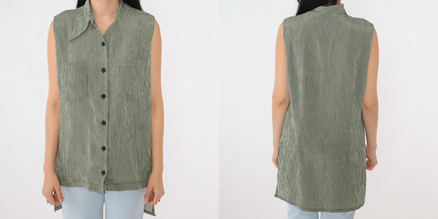 90s Marianna Black Cream Checkered Sleeveless Blouse Long Tail Button Up Large