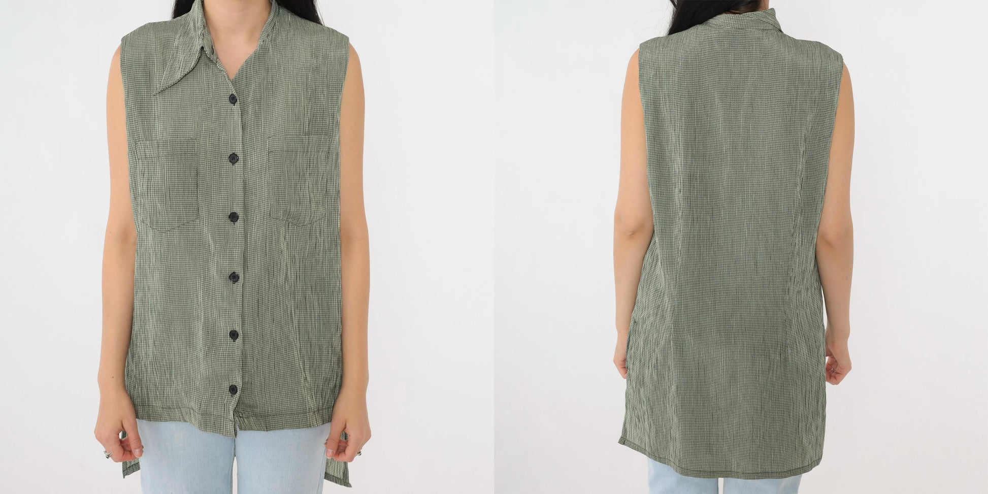 90s Marianna Black Cream Checkered Sleeveless Blouse Long Tail Button Up Large