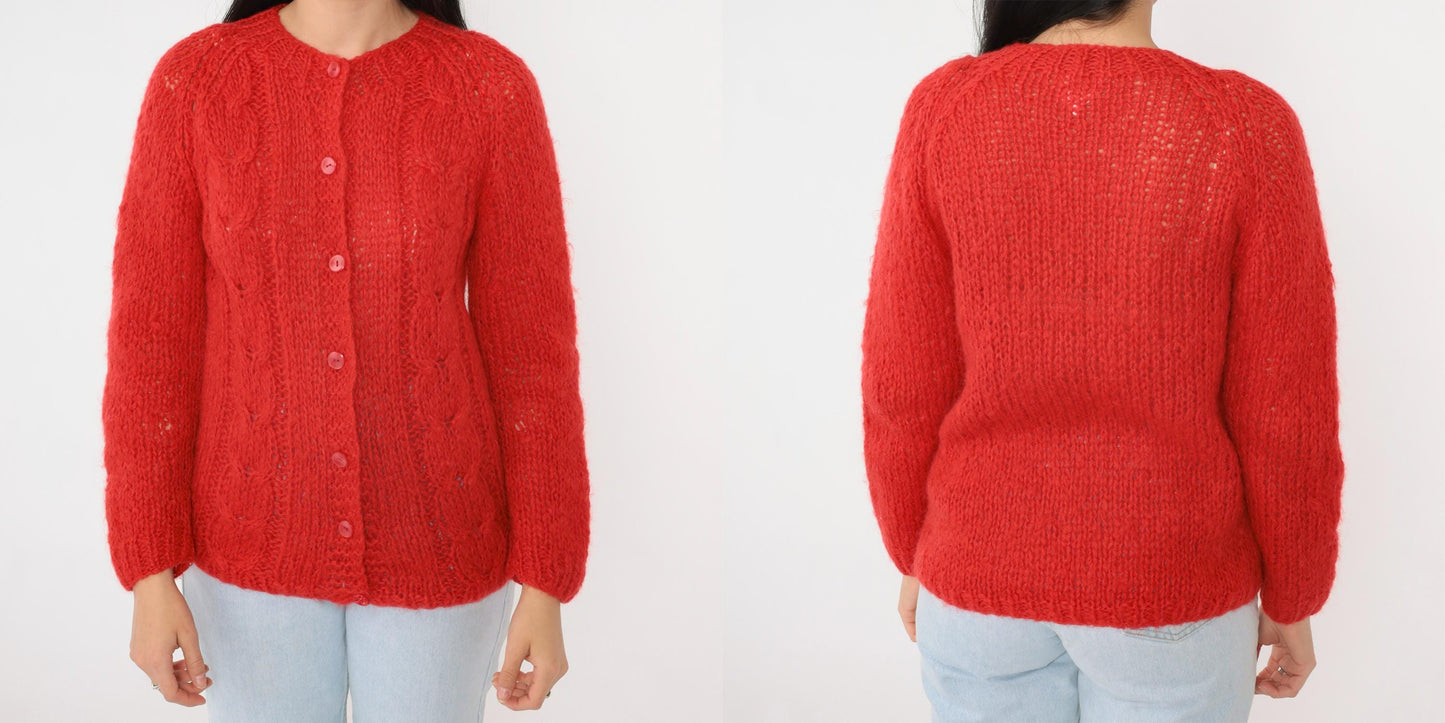 70s Carol Brent Wool Mohair Cable Knit Cardigan Red Semi-Sheer Extra Small