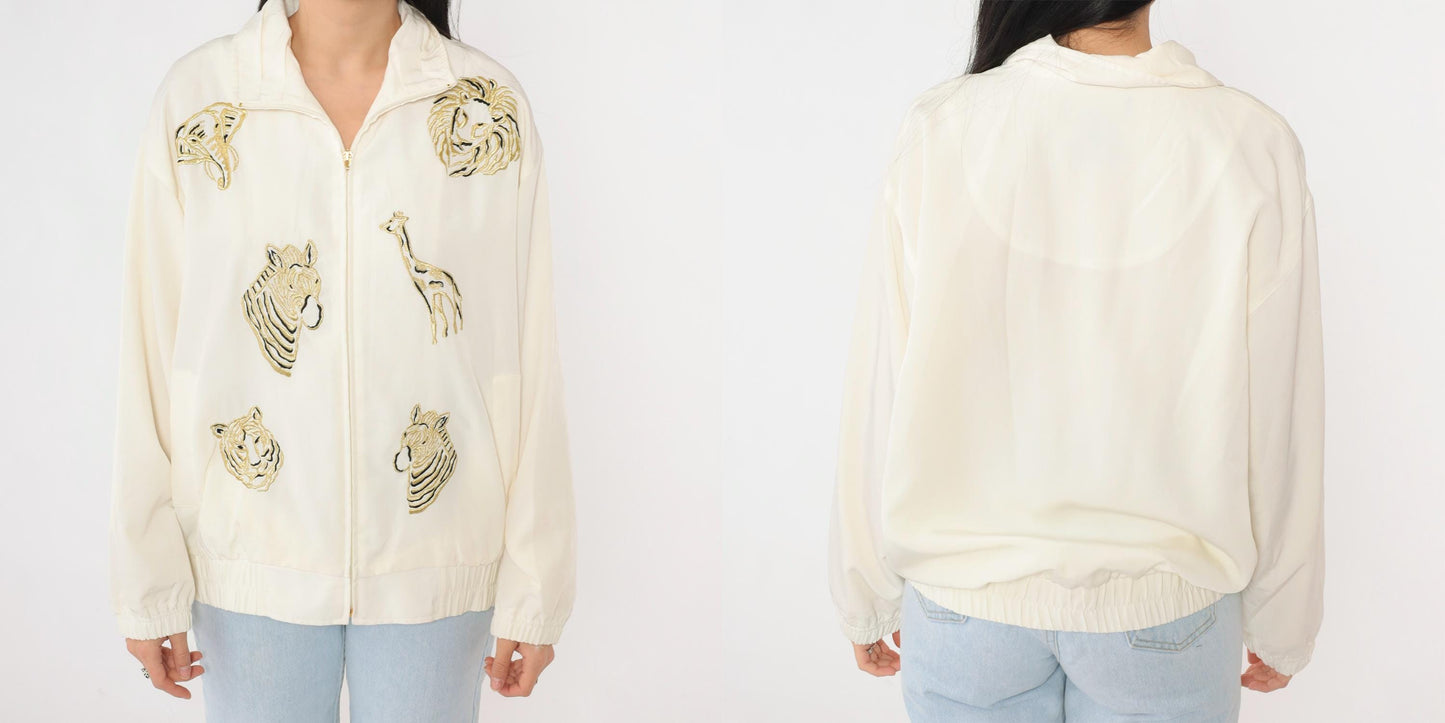90s Safari Animal Windbreaker Jacket Off-White Embroidered Gold Small S