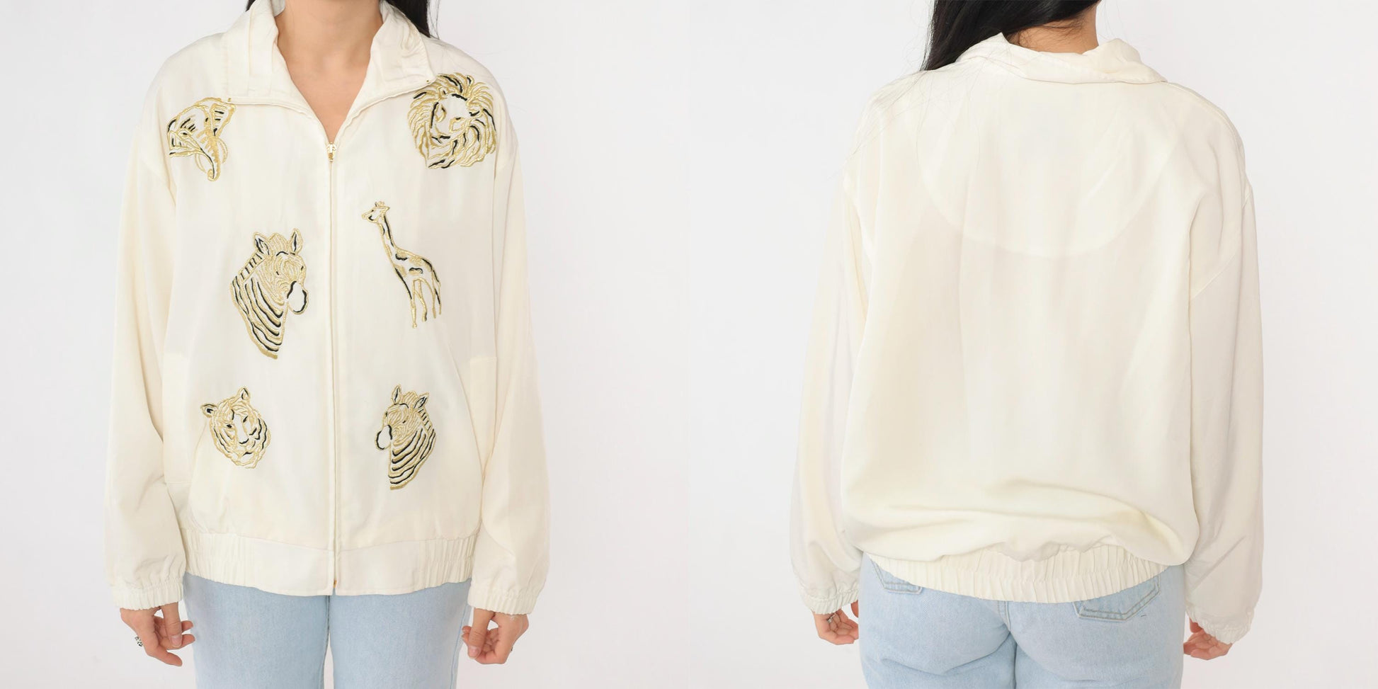 90s Safari Animal Windbreaker Jacket Off-White Embroidered Gold Small S