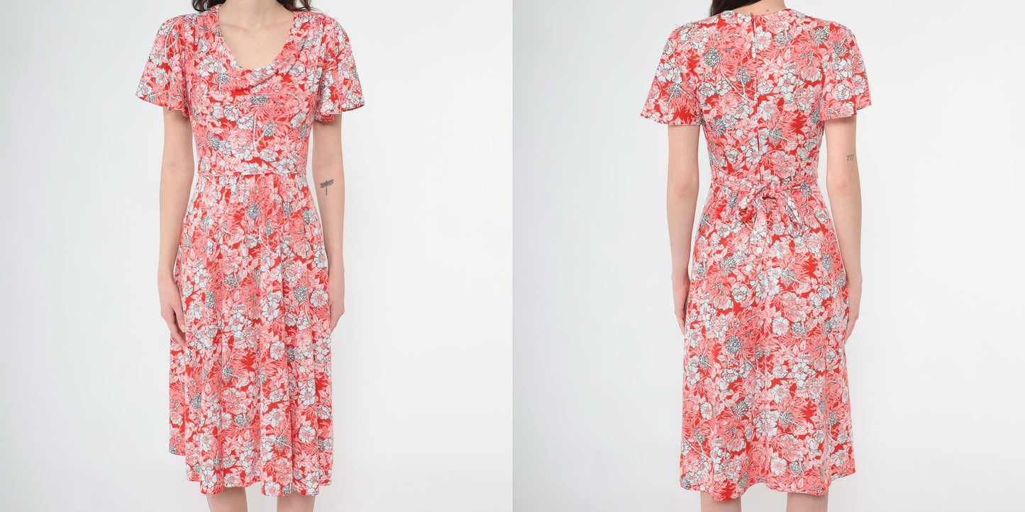 70s Red Floral Midi Dress Cowl Neck Flutter Sleeve High Waist Extra Small