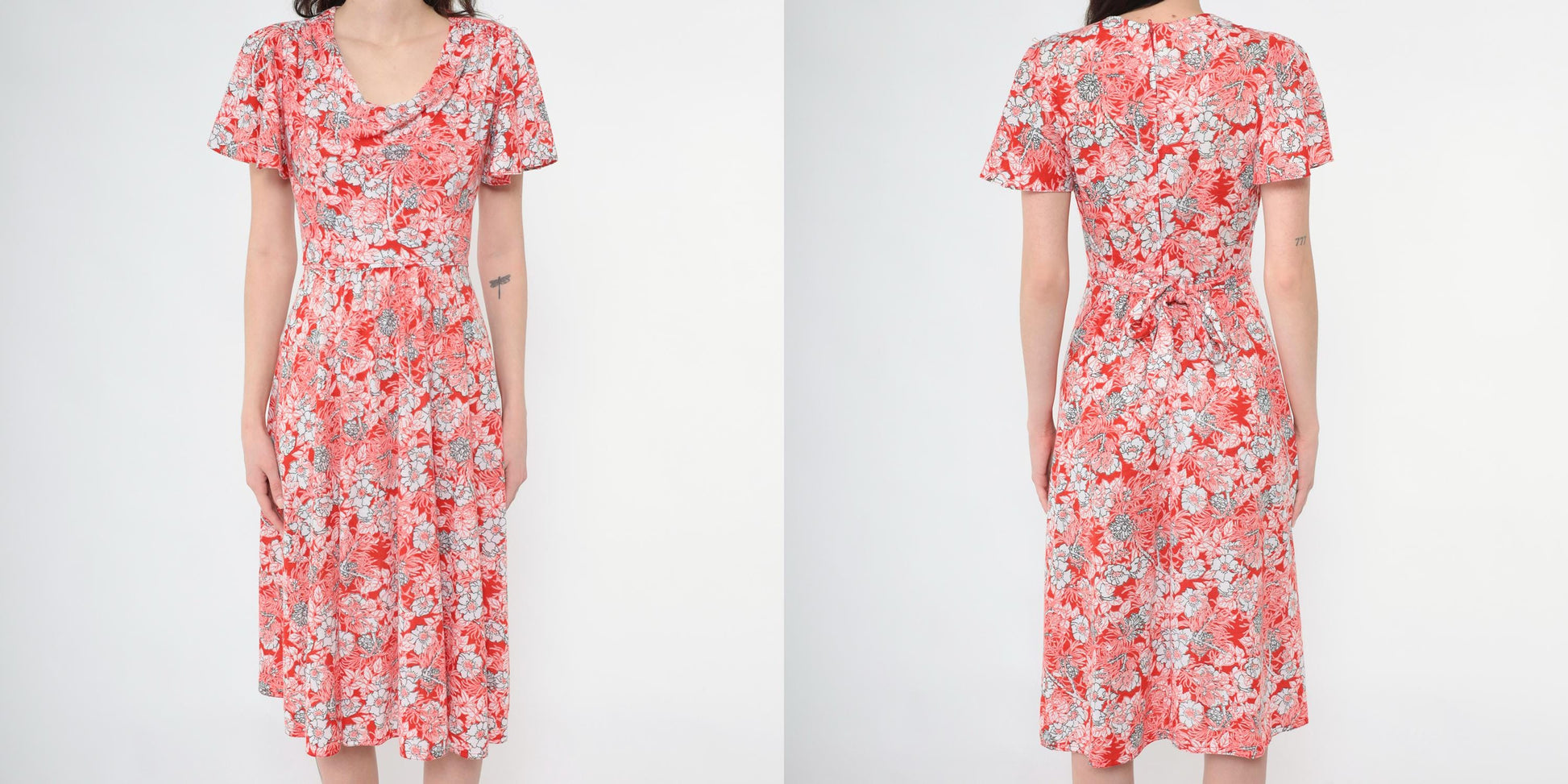 70s Red Floral Midi Dress Cowl Neck Flutter Sleeve High Waist Extra Small
