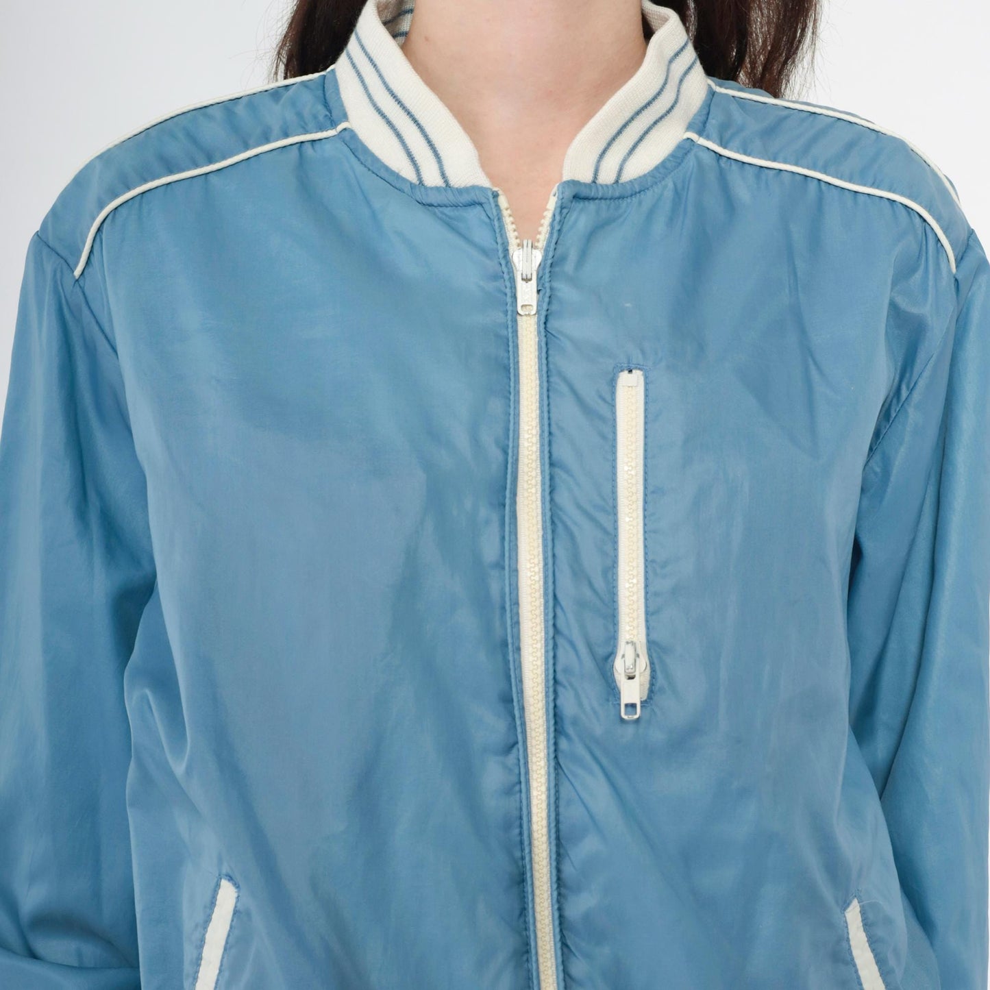 80s Reversible Windbreaker Jacket Blue White Color Block Bomber Medium