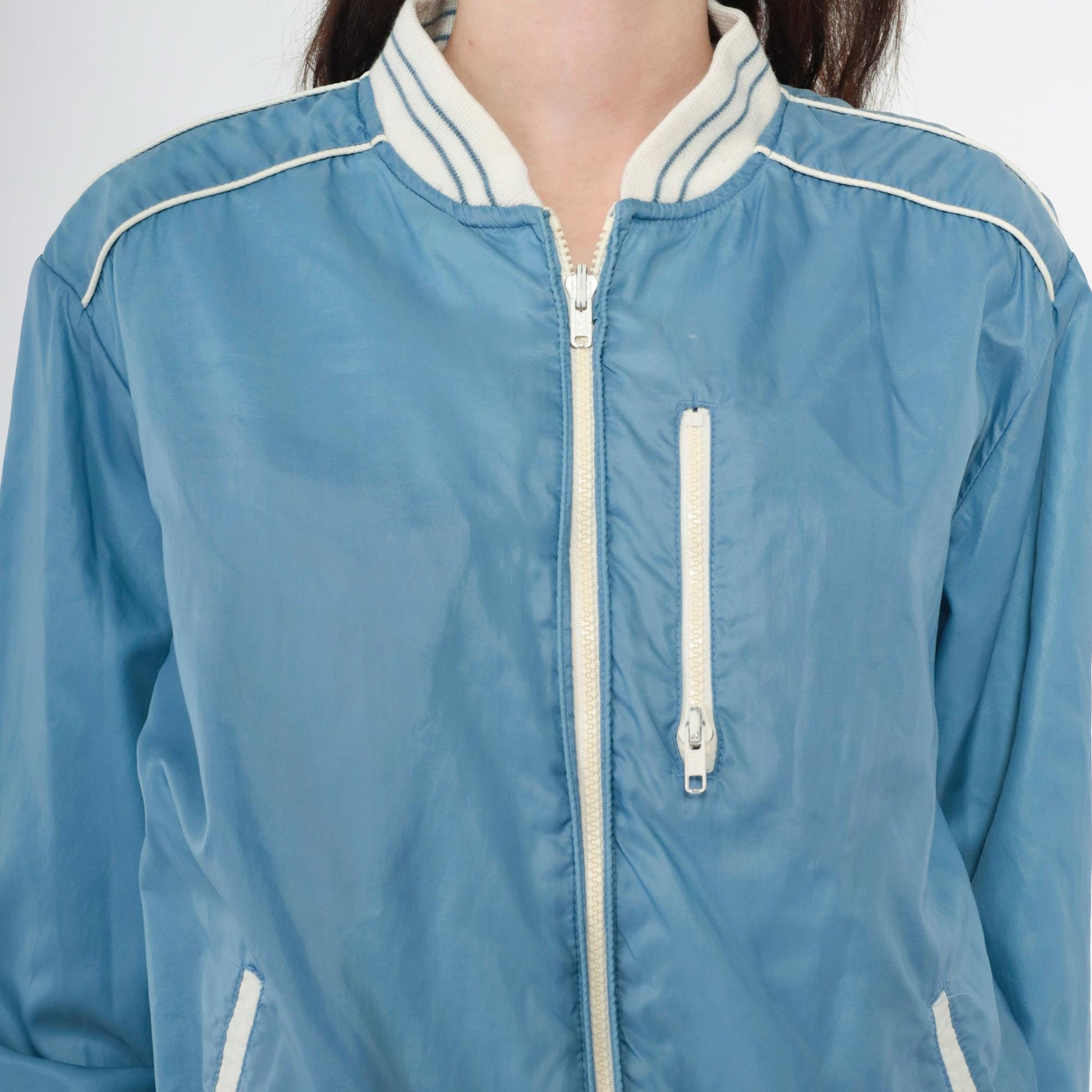 80s Reversible Windbreaker Jacket Blue White Color Block Bomber Medium