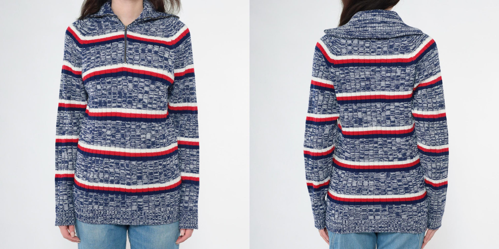 70s Space Dye Striped Quarter Zip Sweater Blue Red White Knit Small