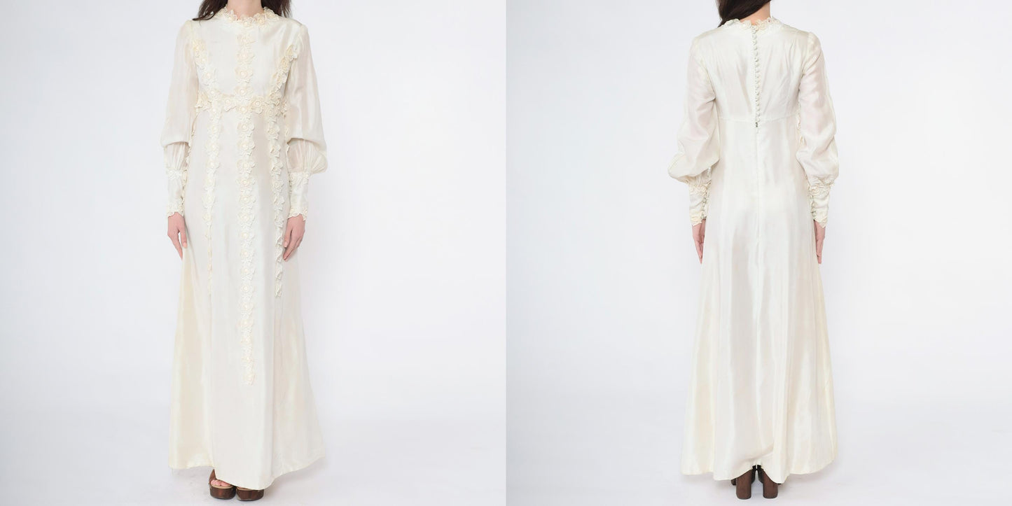 1960s Ivory Satin Wedding Dress Empire Waist Bishop Sleeve Floral Appliqué Extra Small