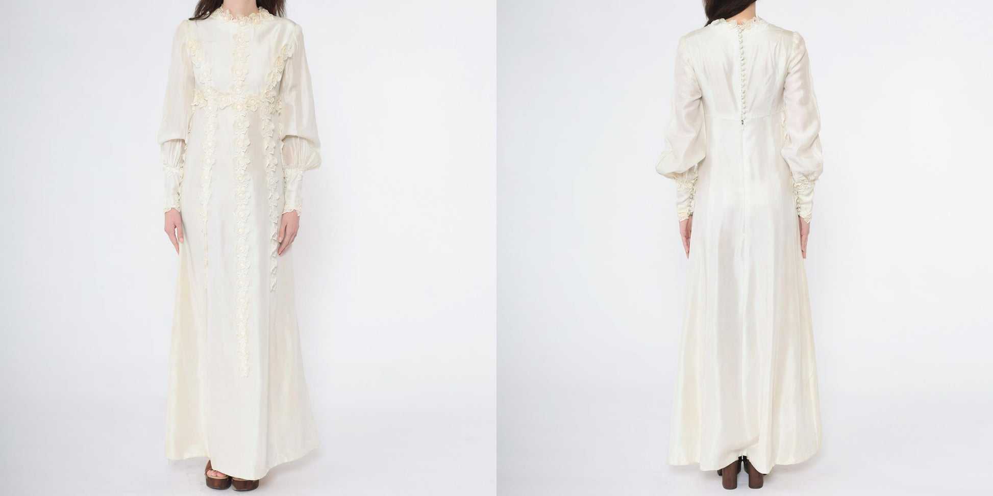 1960s Ivory Satin Wedding Dress Empire Waist Bishop Sleeve Floral Appliqué Extra Small