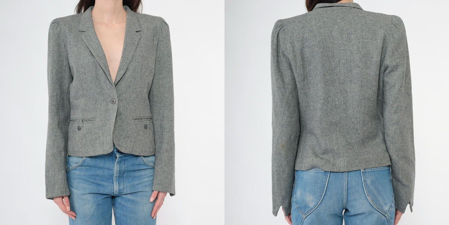 80s Grey Wool Blend Blazer Puff Sleeve Button-Up Jacket Small