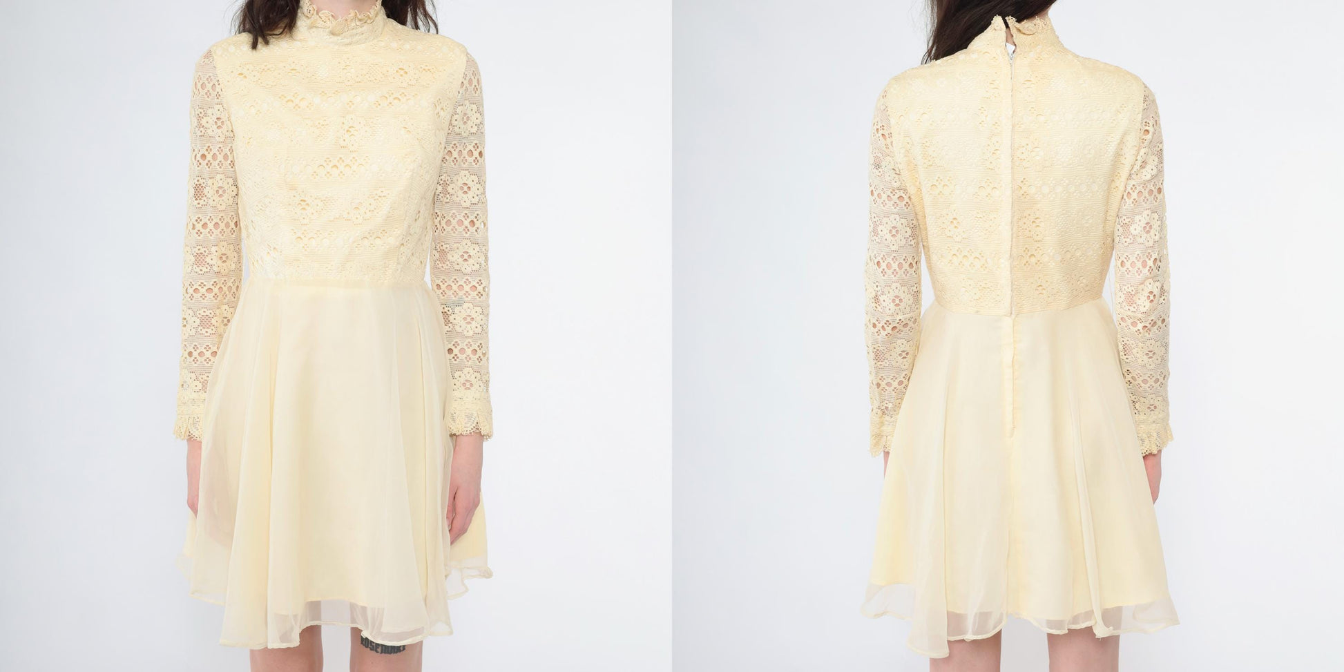 Late 60s Early 70s Cream Lace Mini Dress High Neck Sheer Sleeves Small