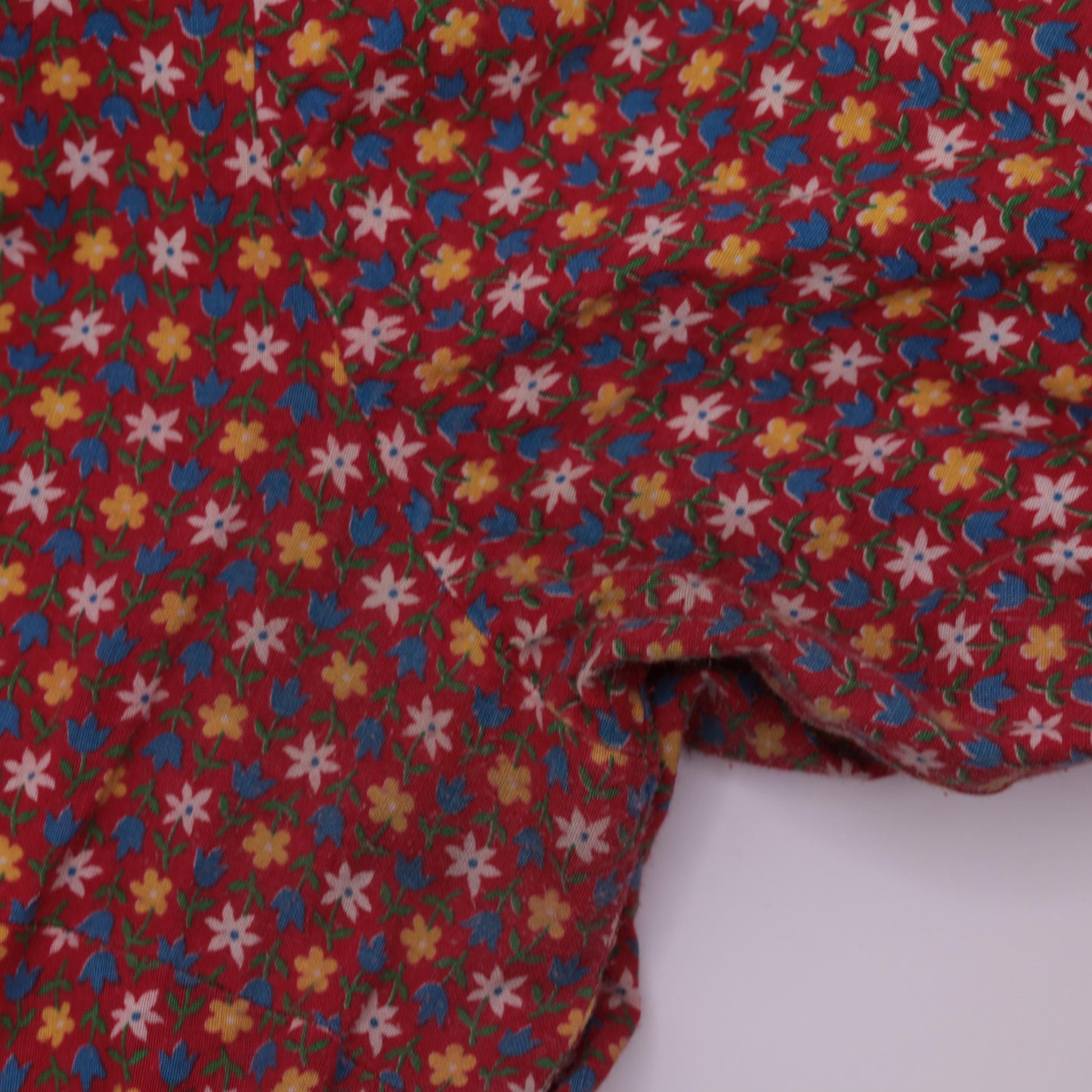 70s Red Calico Floral Maxi Dress High Waisted 3/4 Sleeve Ruffle Trim Small