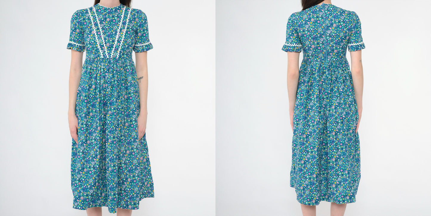 1960s Blue Floral Midi Dress Empire Waist Ruffled Short Sleeve XXS