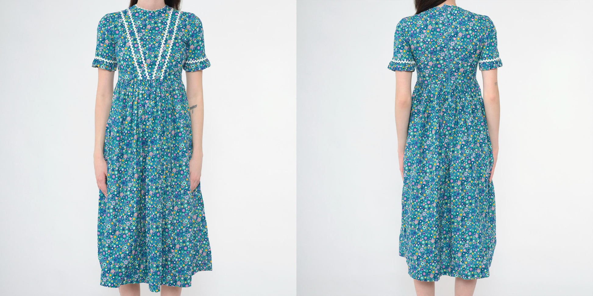 1960s Blue Floral Midi Dress Empire Waist Ruffled Short Sleeve XXS
