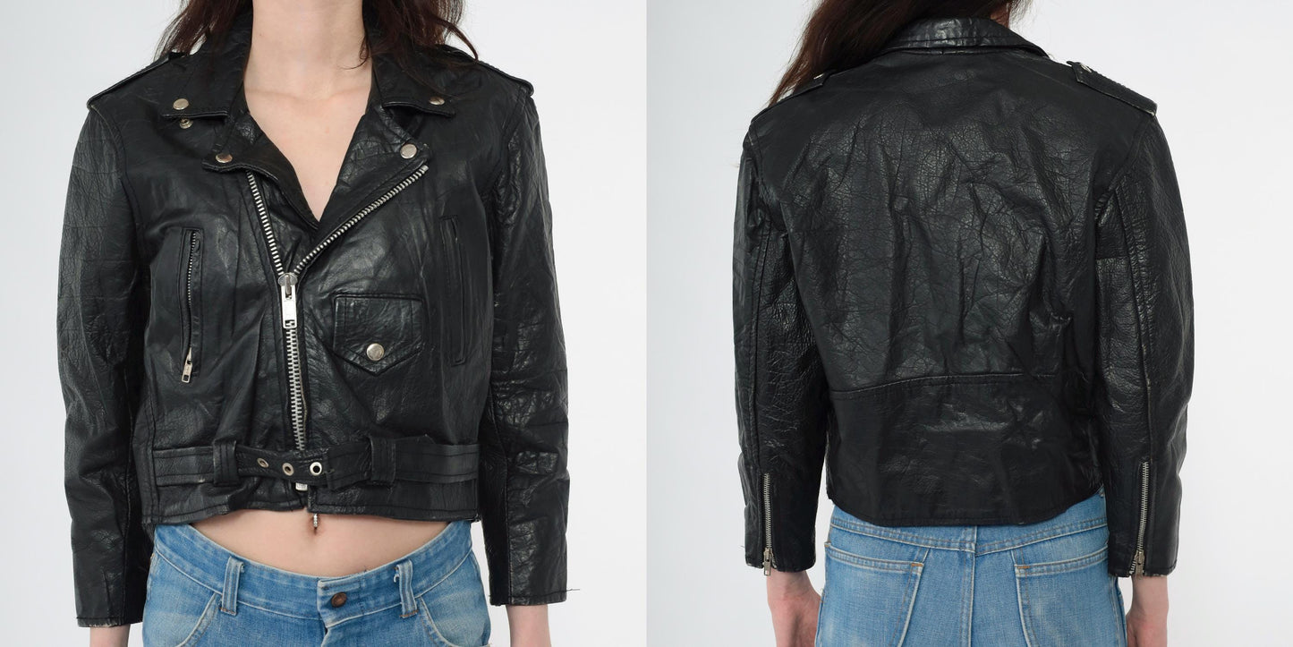 90s Black Leather Biker Jacket Cropped Moto Zip Epaulette Extra Small XS