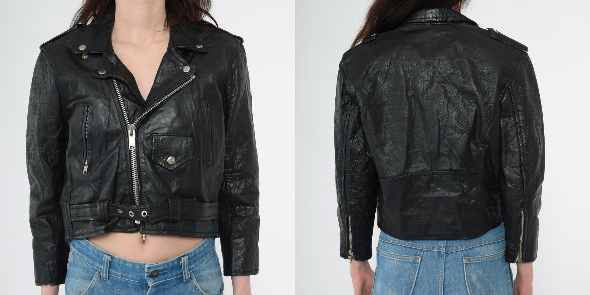90s Black Leather Biker Jacket Cropped Moto Zip Epaulette Extra Small XS