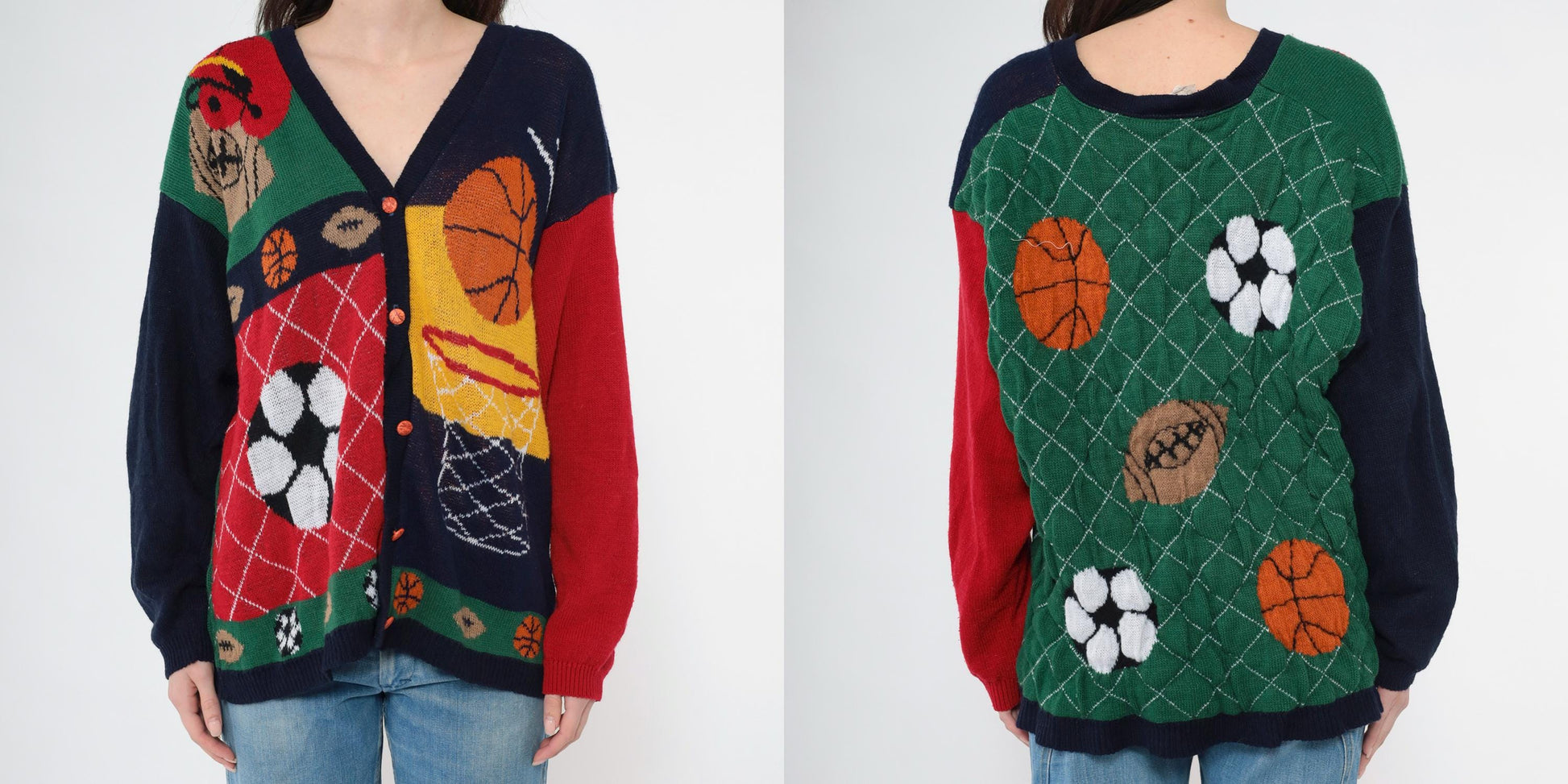 90s Cabin Creek Sports Cardigan Novelty Knit Basketball Football Soccer Plus Size XL