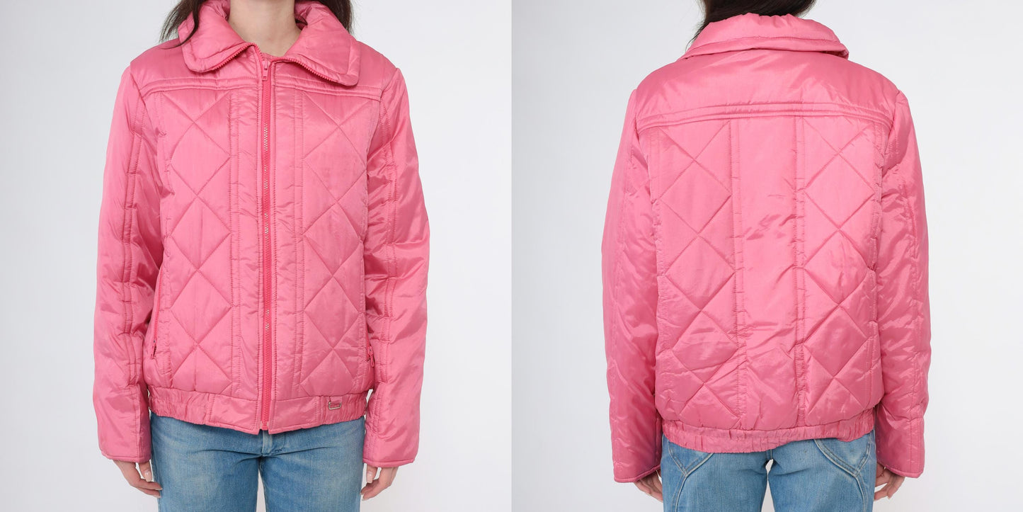 80s Pink Quilted Puffer Ski Jacket Zip-Up Winter Coat Medium