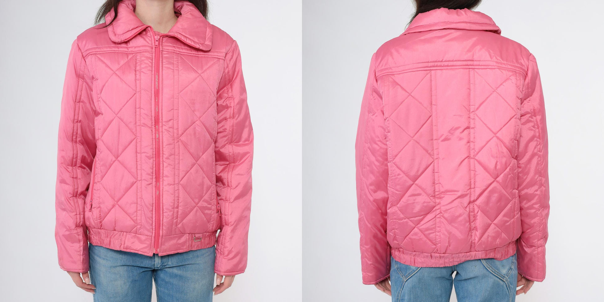 80s Pink Quilted Puffer Ski Jacket Zip-Up Winter Coat Medium