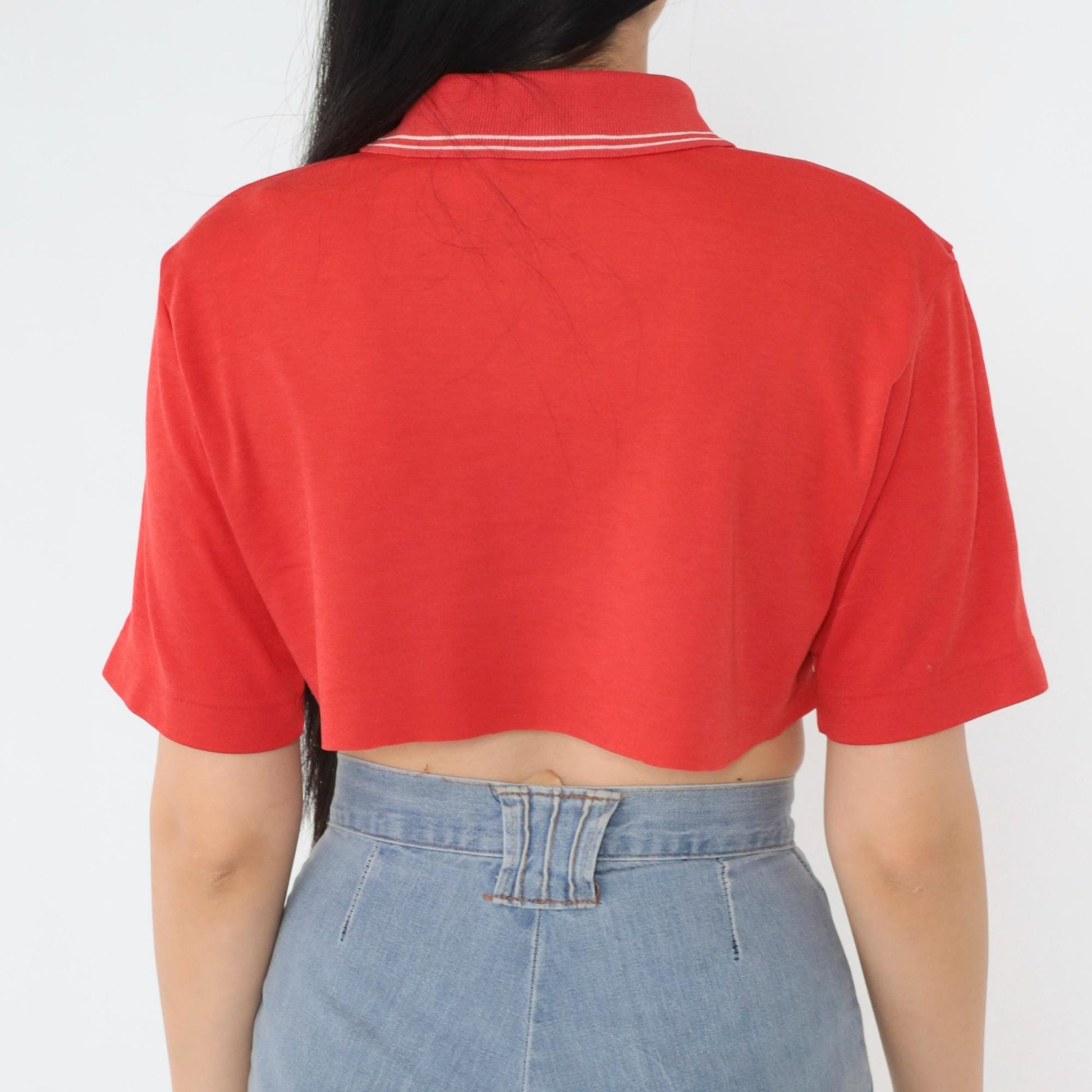 80s Cougar Golf Polo Crop Top Red White Stripe Raw Hem Small S