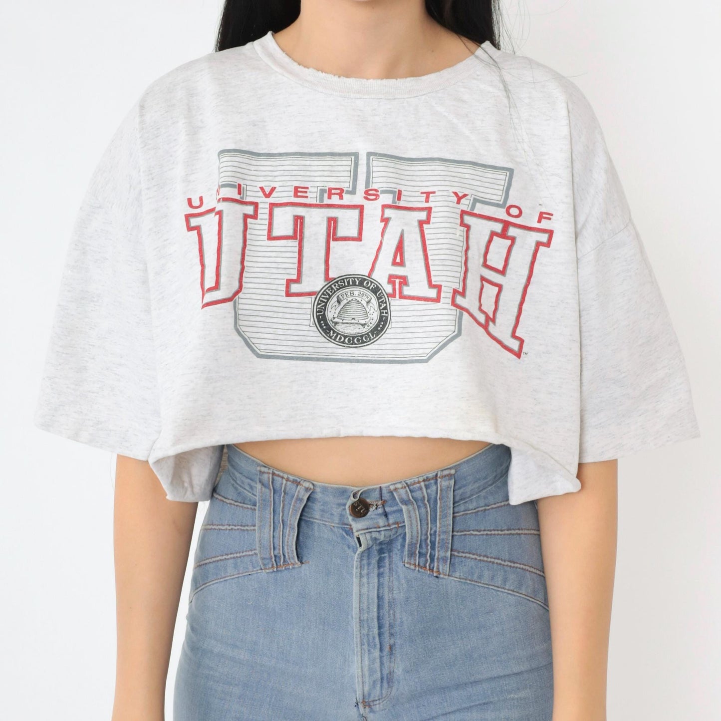 90s University of Utah Utes Crop Top Grey Graphic T-Shirt Cotton Medium