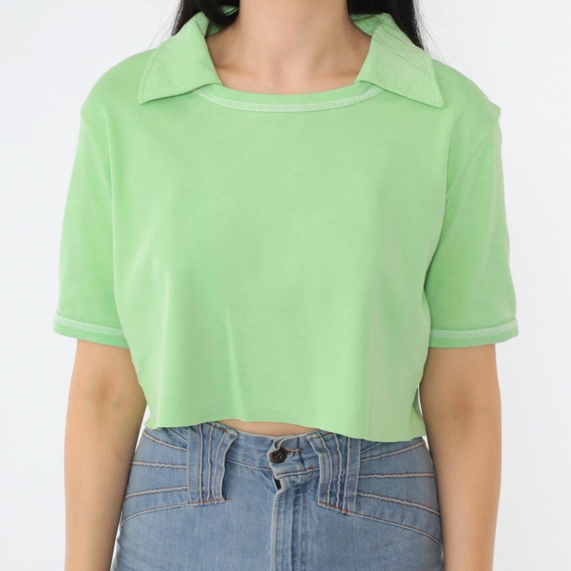 70s Mint Green Cropped Collared Blouse Short Sleeve Raw Hem Small Medium
