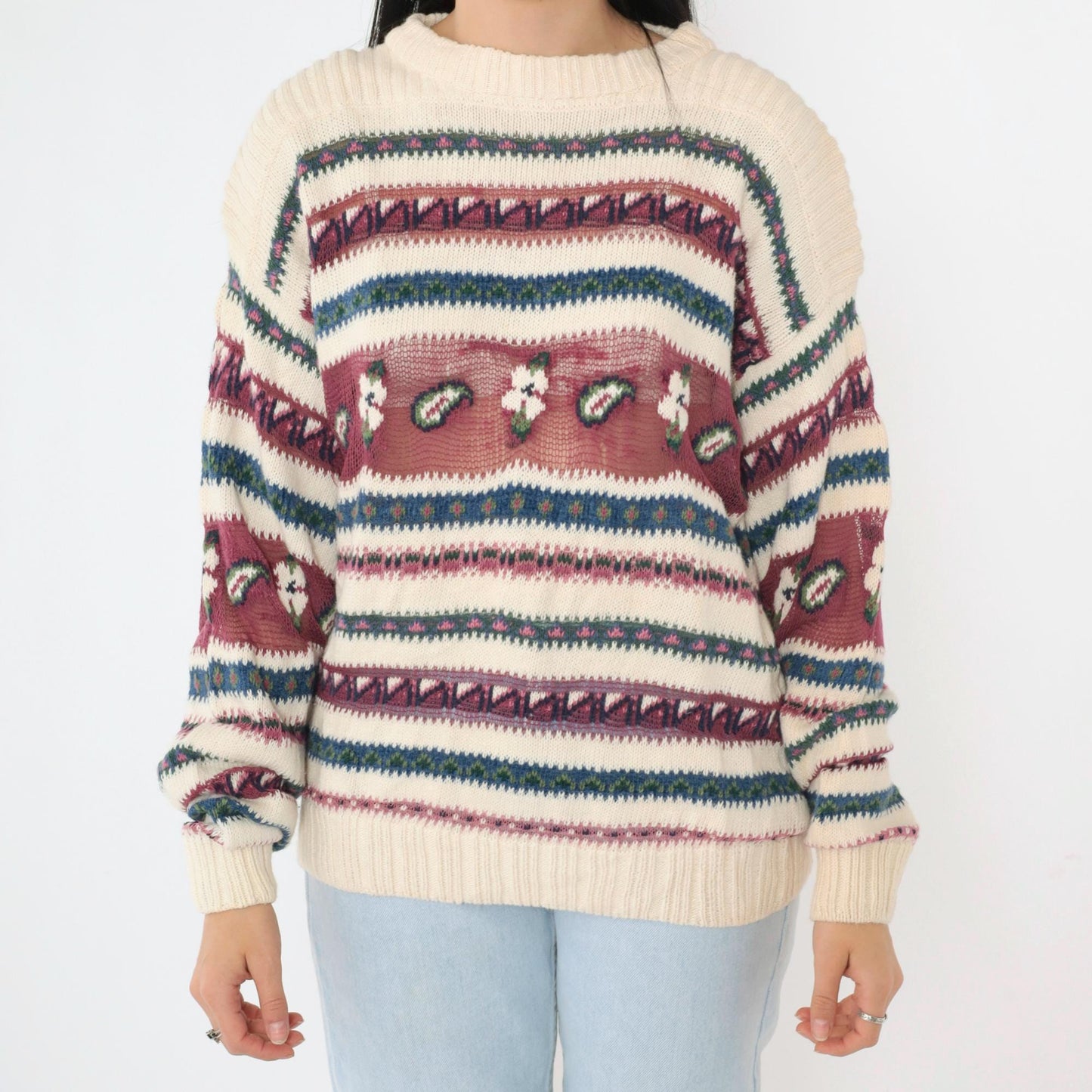 90s Woolrich Cream Knit Floral Sheer Stripe Pullover Crew Neck Medium M