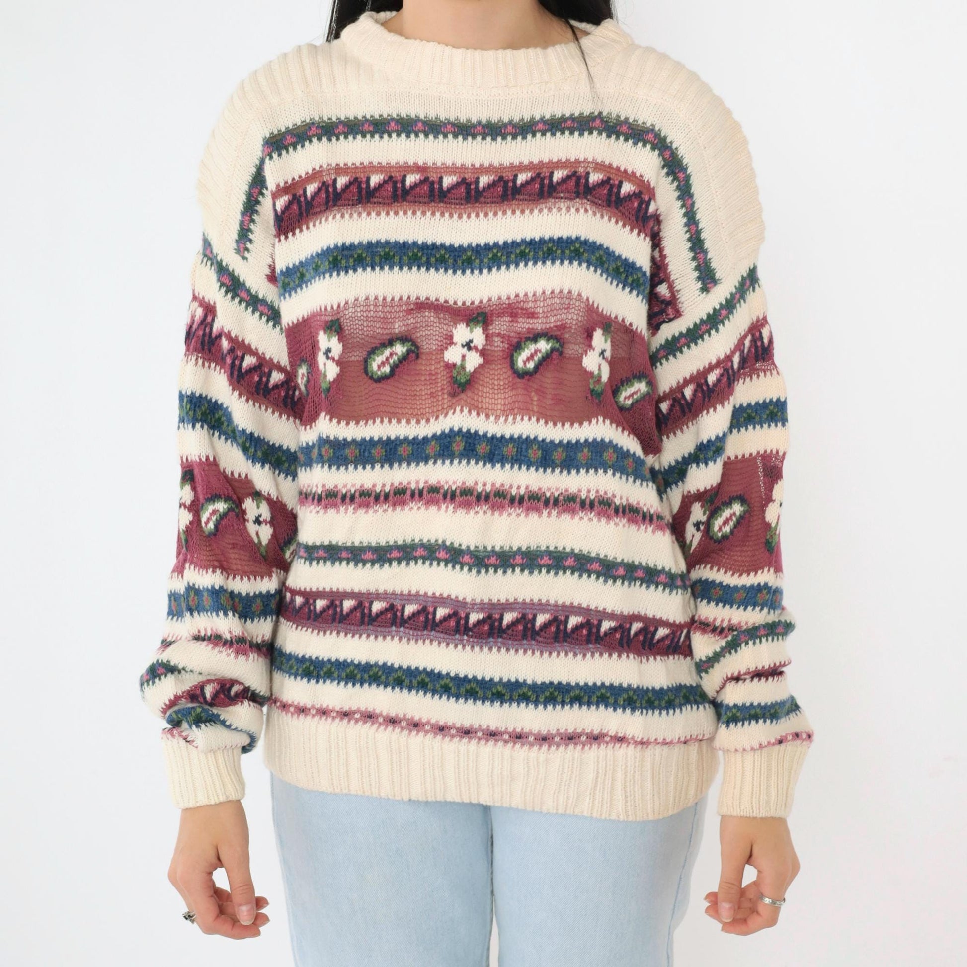90s Woolrich Cream Knit Floral Sheer Stripe Pullover Crew Neck Medium M