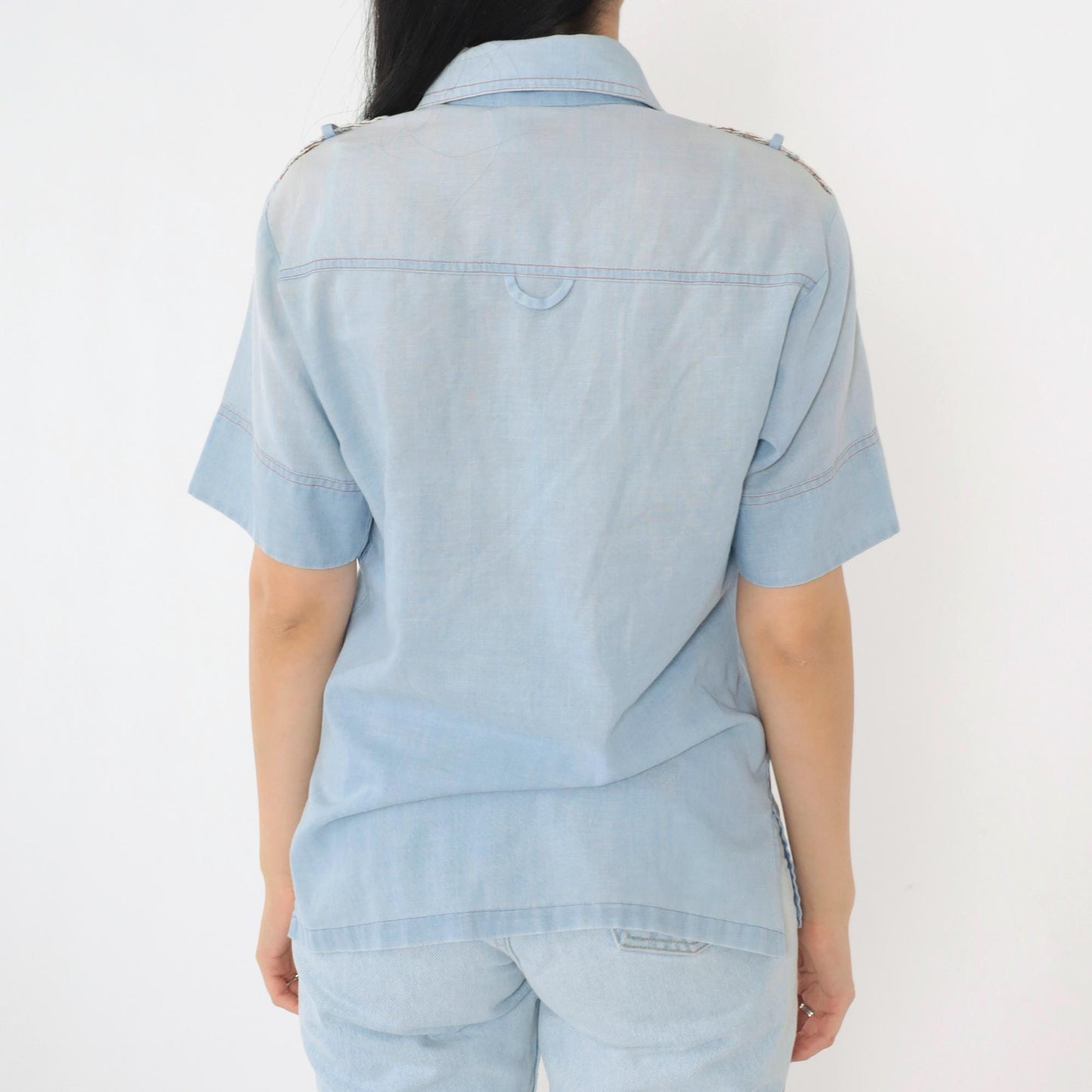 70s Alfie California Chambray Shirt Blue Epaulette Button Up Small