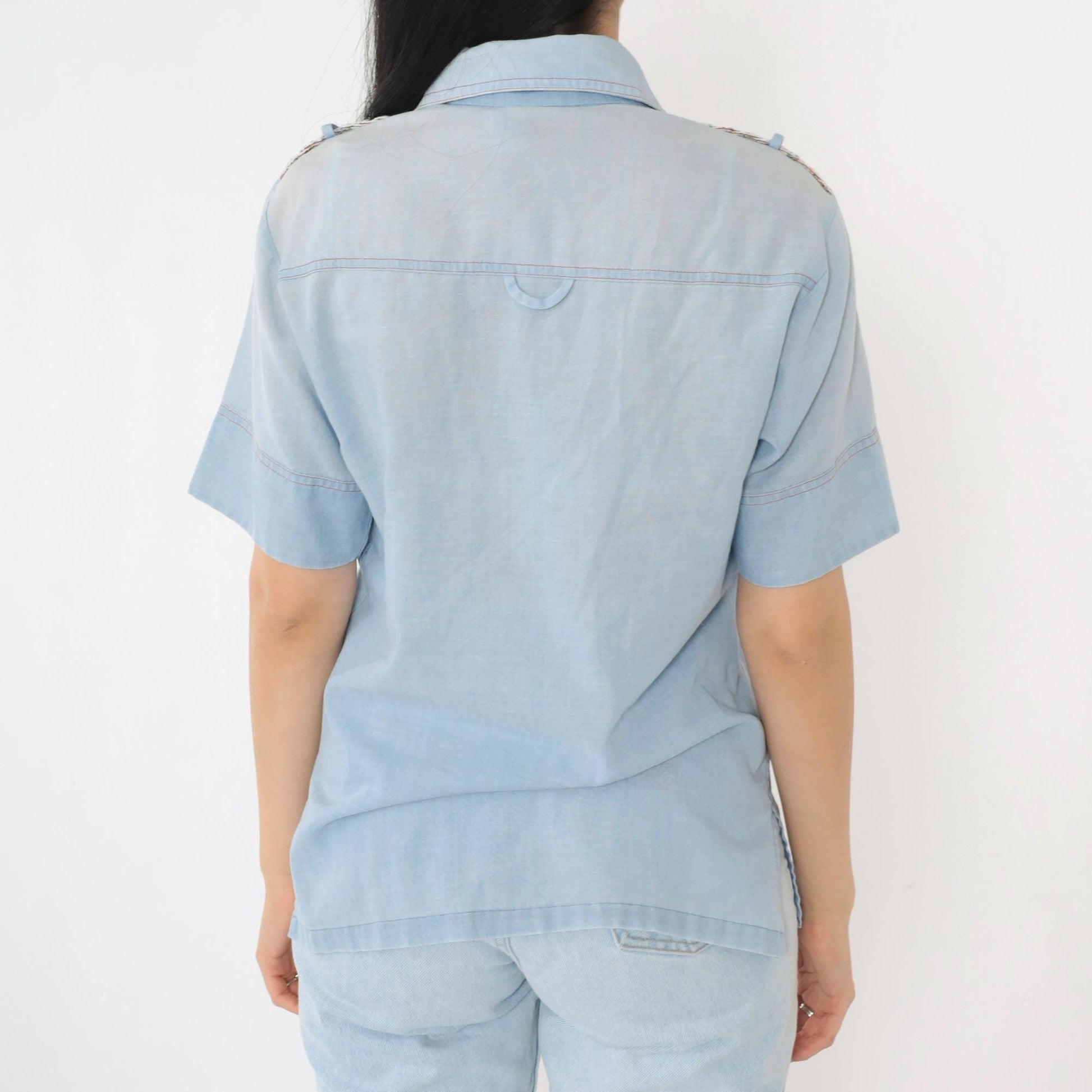 70s Alfie California Chambray Shirt Blue Epaulette Button Up Small
