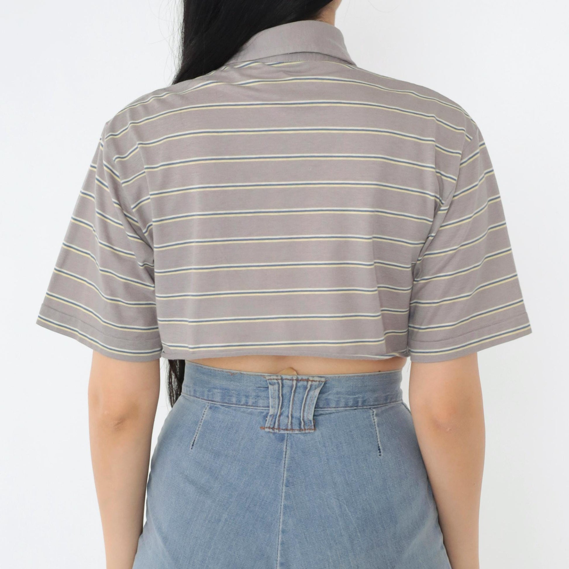 90s Christian Dior Polo Shirt Grey Striped Crop Top Small S